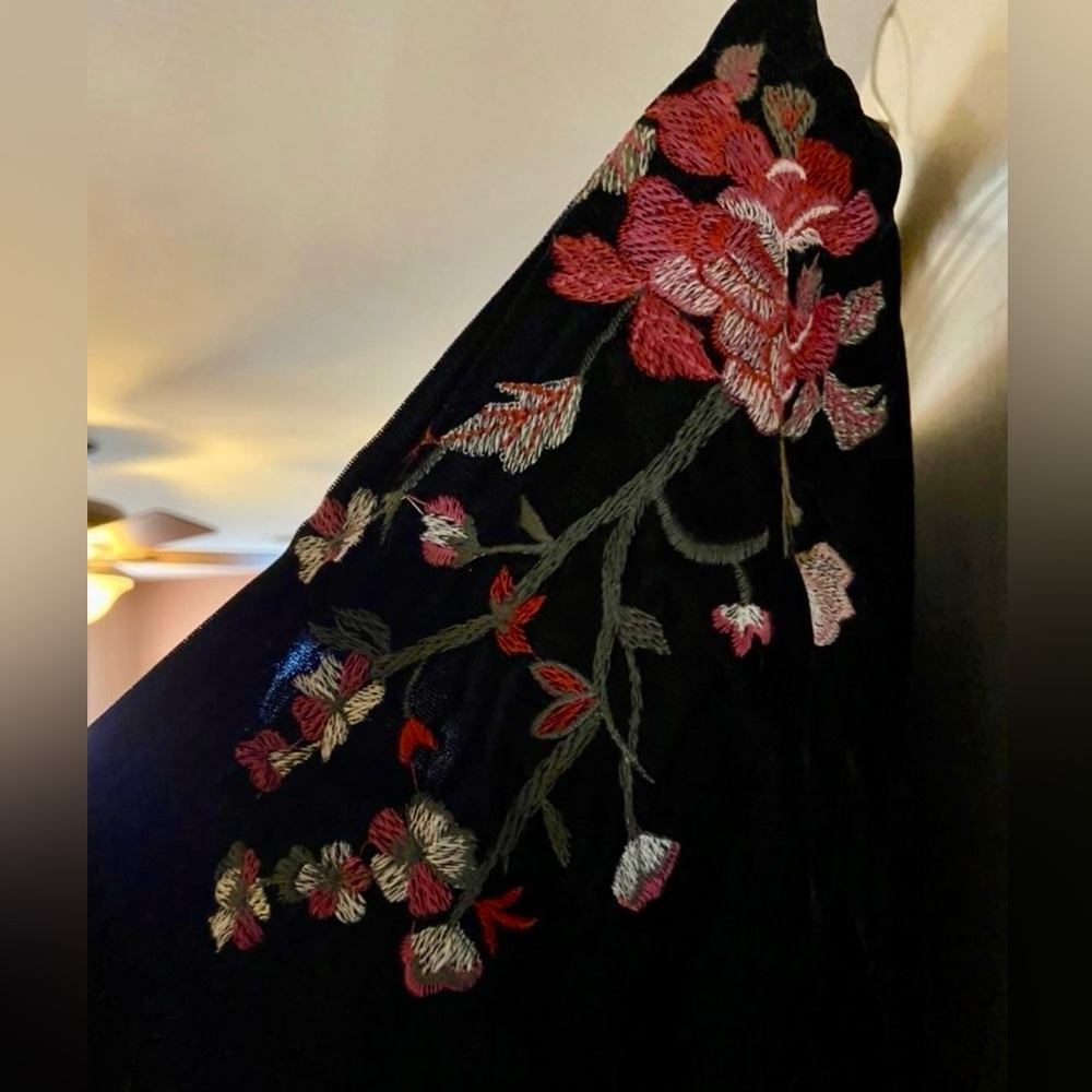Black Velvet Floral Embroidery Dress 20” Bust, 15” Waist, 38.5” L. PRICE IS FIRM - Picture 6 of 7